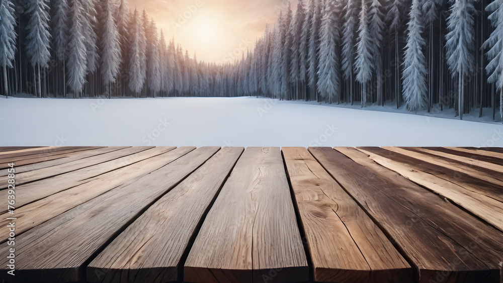 a wooden table against the background of a winter forest. a platform for product, advertising, and presentation