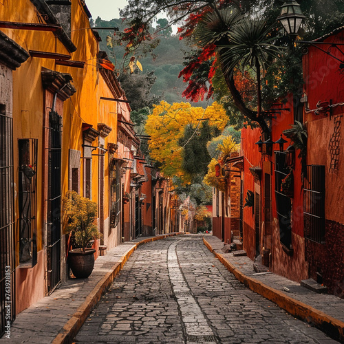 A beautiful town with bright yellow, orange and red colours 