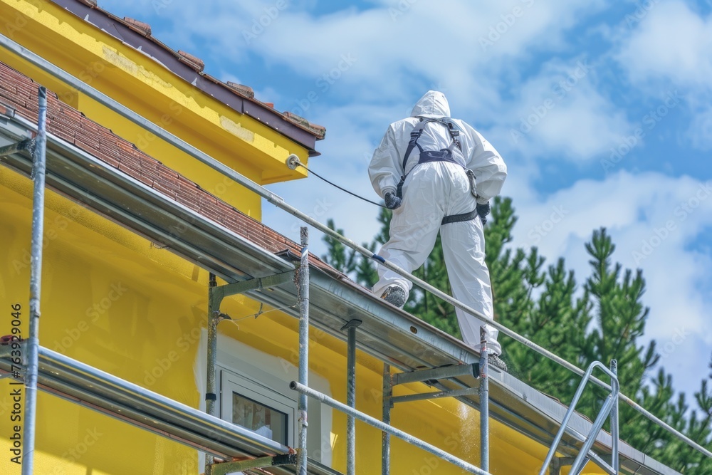 man in white protective suit painting a yellow roof of an apartment building with spray gun ladder and platform on top of it during sunshine in the morning with beautiful view of clear blue sky