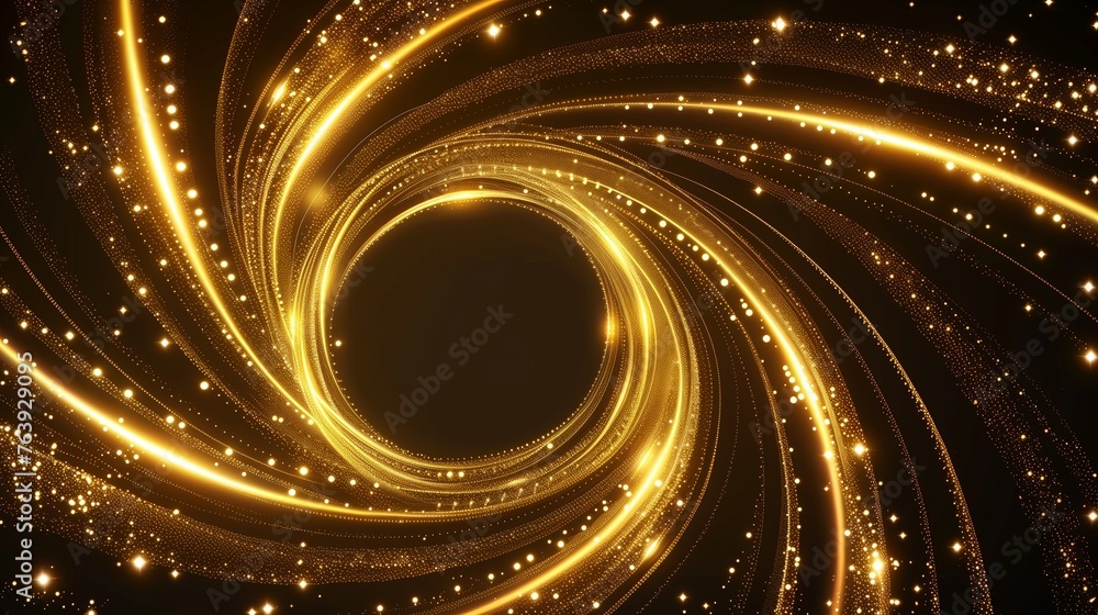 Abstract golden spiral frame with light effect on black background. Presentation design mockup template, simple design, glowing lights, dark colors. Generated by artificial intelligence.