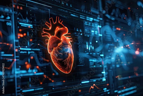 An intricate and glowing 3D heart model within a futuristic interface, symbolizing cutting-edge cardiovascular diagnostic and monitoring technology. heart, technology, interface, 3D
