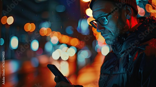 A man engrossed in his smartphone on a rainy night, surrounded by the colorful bokeh of city lights, capturing urban connectivity and nightlife. man, smartphone, city, night, lights, bokeh, rain