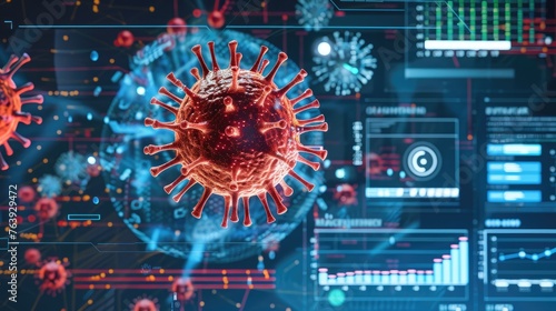 A digitally enhanced visualization of a virus with intricate details, set against a backdrop of futuristic scientific data and analysis interfaces. virus, digital, visualization, scientific, futuristi