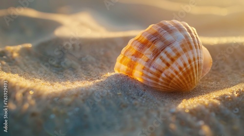 A single seashell bathed in the warm, golden sunlight of the early morning, resting on a soft sandy beach with gentle shadows. seashell, golden, sunlight, morning, sandy, beach, shadows, warm, light