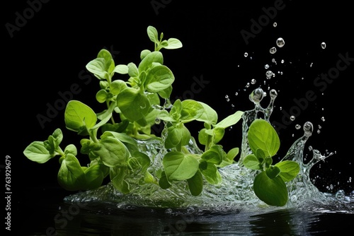 Oregano , Throw it into the water and spread it out , vegetable , black background.