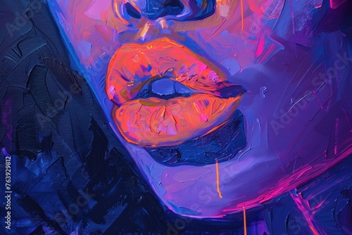 image of a painting with a woman's mouth under bright color, in the style of luminous reflections, light navy and light magenta