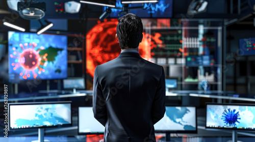 A man in a business suit observes multiple screens displaying global data and virus graphics in a hi-tech room