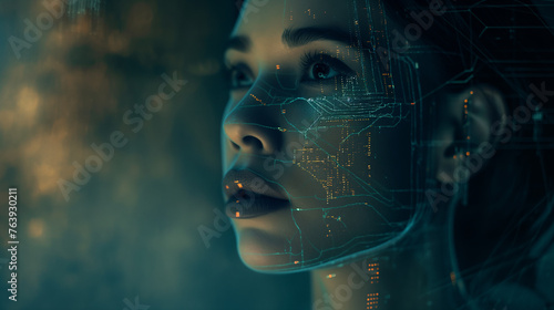 Artificial intelligence AI futuristic circuit board on humanoid face