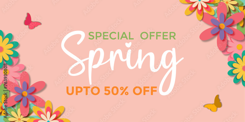 Spring special offer vector banner background with spring season sale text and colorful flowers elements in background. Vector illustration