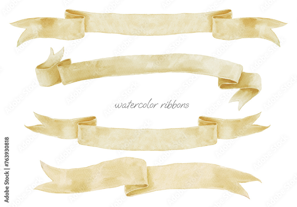 Watercolor Ribbon Banner Wedding Crest. Yellow Pastel Bow Set Watercolor Ribbon Banner Wedding Crest. Yellow Pastel Bow Set