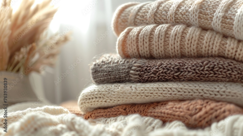 Soft tones and textures of neatly stacked hand-knitted sweaters in natural light Soft tones and textures of neatly stacked hand-knitted sweaters in natural light