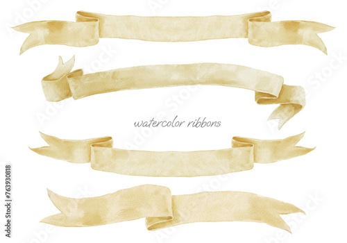 Watercolor Ribbon Banner Wedding Crest. Yellow Pastel Bow Set