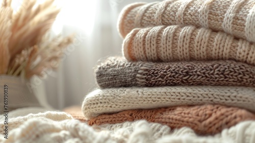 Soft tones and textures of neatly stacked hand-knitted sweaters in natural light