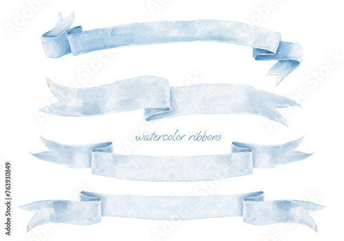 Watercolor Ribbon Banner Wedding Crest. Blue Pastel Bow Set
