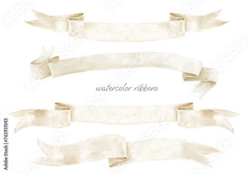 Watercolor Ribbon Banner Wedding Crest. White Pastel Bow Set