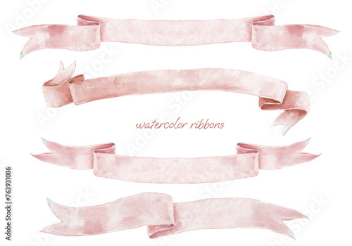 Watercolor Ribbon Banner Wedding Crest. Pastel Bow Set