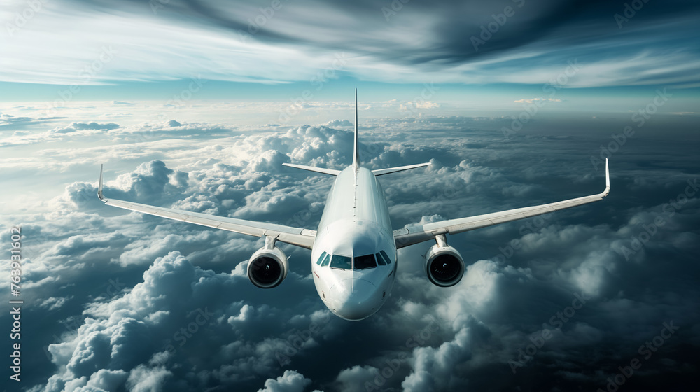 Fototapeta premium Airplane soaring above clouds in a dramatic sky.