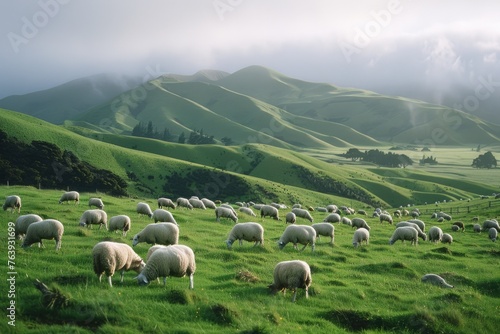 Sheep herd grazing in the rolling green grassy hills of rural New Zealand with a clear blue sky with white and black dark clouds in the morning