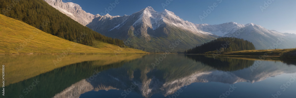 Lake with reflection of mountains. Snowy mountains. Edelweiss