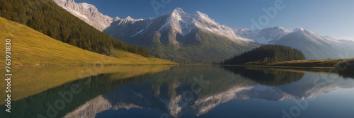Lake with reflection of mountains. Snowy mountains. Edelweiss