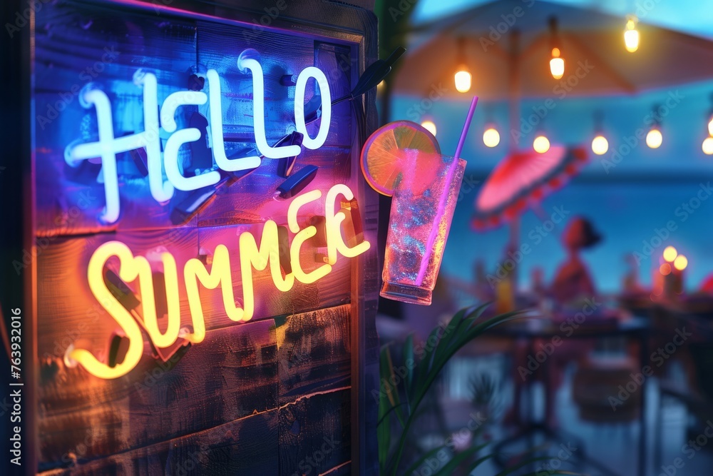 a neon sign that says hello summer is hanging on a wall a neon sign that says hello summer is hanging on a wall
