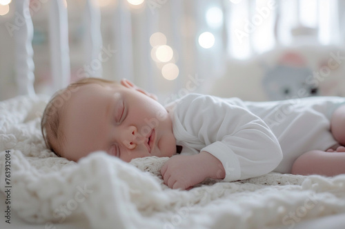 Cute caucasian baby sleeping, napping in the crib