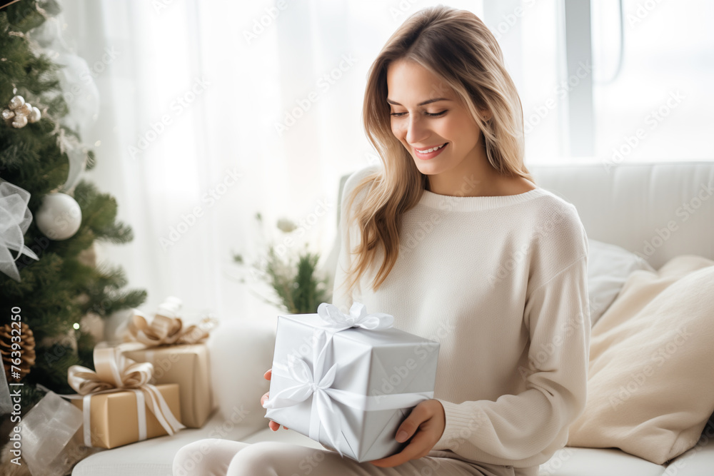 Joyful Young Woman with Christmas Gift Box in Cozy Home Interior Joyful Young Woman with Christmas Gift Box in Cozy Home Interior