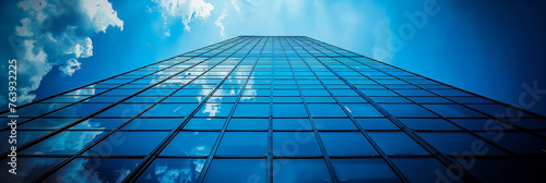 modern building glass on blue sky background, tall building, banner,	

