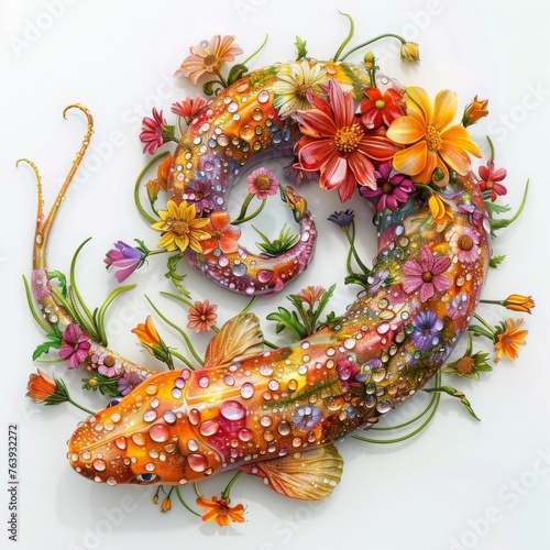 Marine fish moray made of wildflowers on white background. Colorful illustration of a marine fish in an original floral style with dewdrops, spring flowers. Romantic painting, carp, catfish, goldfish.