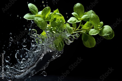 Marjoram , Throw it into the water and spread it out , vegetable , black background.