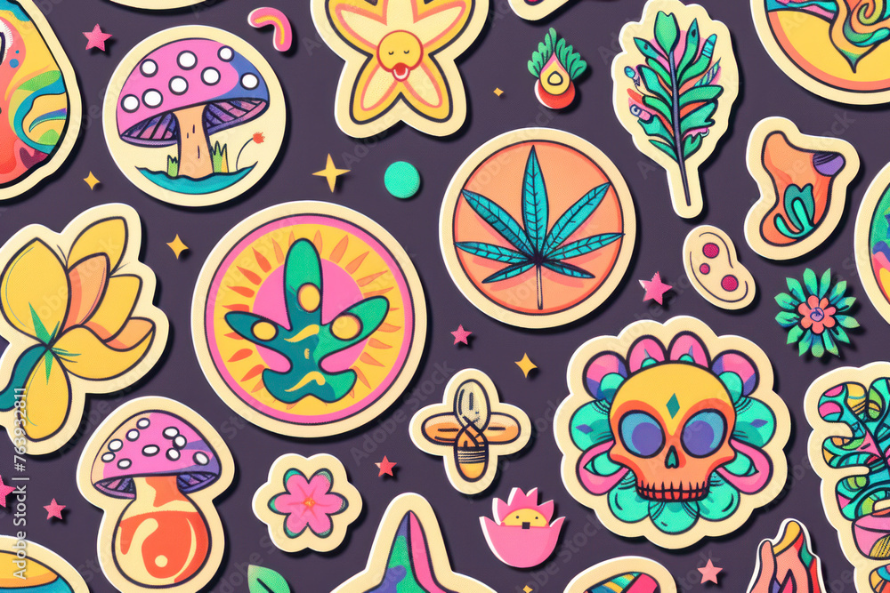 Playful groovy hippie sticker pack collection.