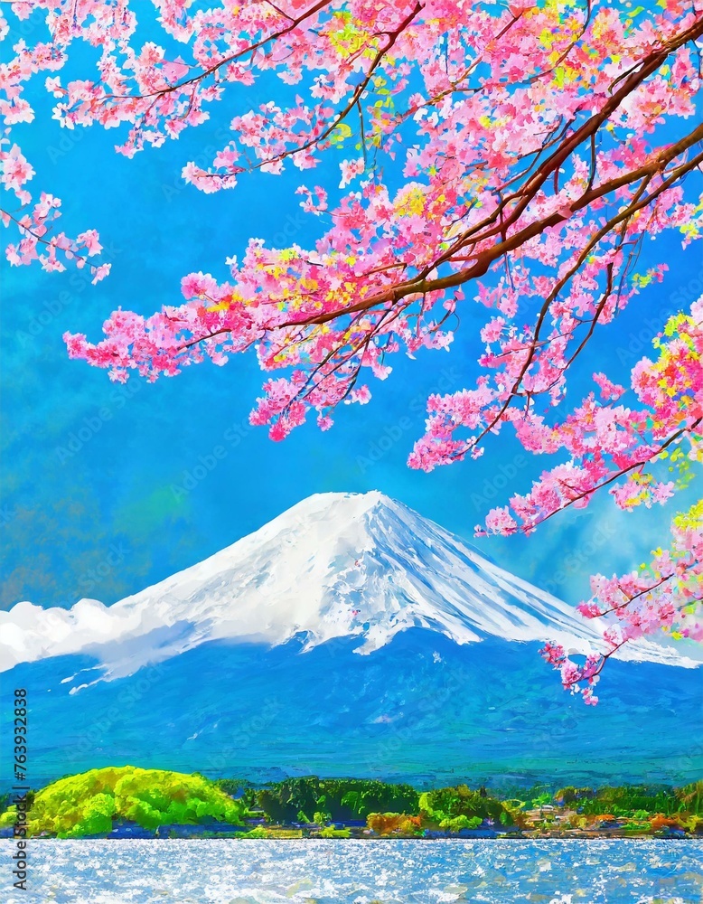Mt. Fuji and cherry blossoms. (the highest mountain in Japan)