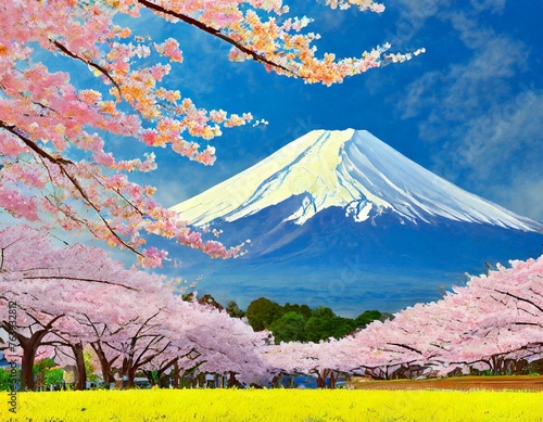 Mt. Fuji and cherry blossoms. (the highest mountain in Japan)