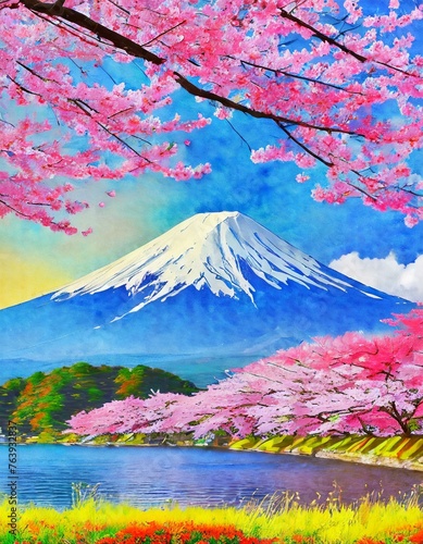 Mt. Fuji and cherry blossoms. (the highest mountain in Japan)