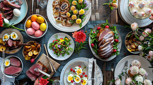 Easter table setting at home, traditional meal with dishes like roasted lamb, colorful deviled eggs, fresh spring salads photo