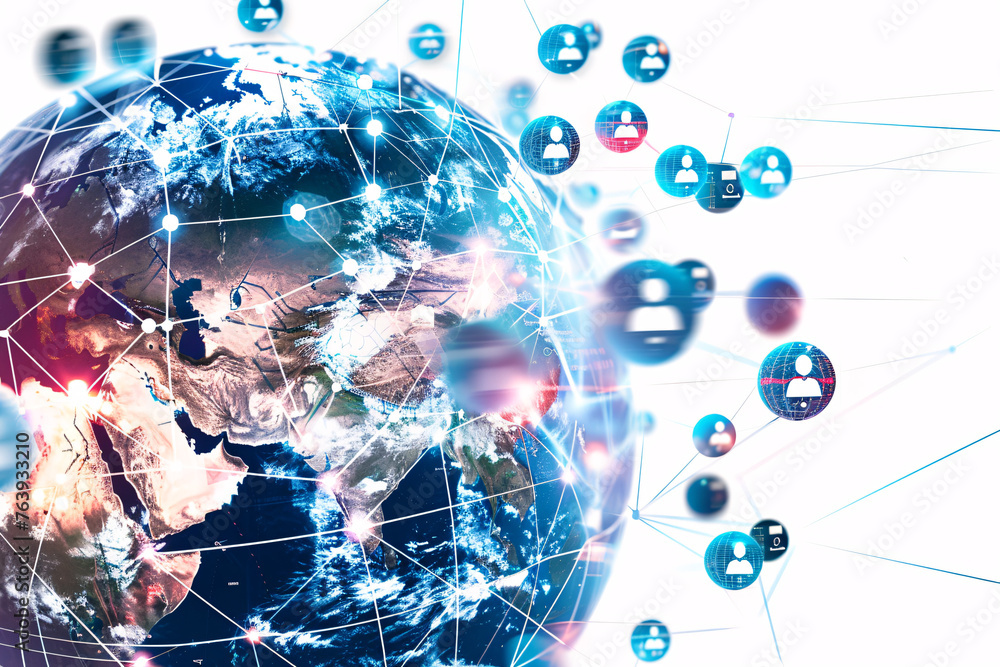 Fototapeta premium Globe with network connections and floating social media icons on white background