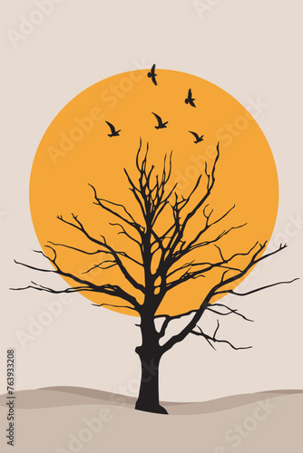 boho sun with empty tree birds landscape vector wall art illustration © Bipudas