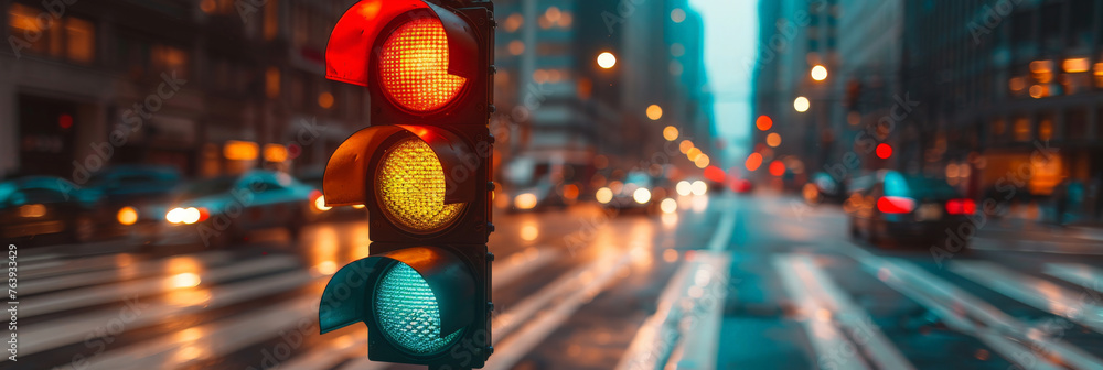 A traffic light with red, yellow and green lights in the city. Close-up of a traffic light on street.banner
A traffic light with red, yellow and green lights in the city. Close-up of a traffic light on street.banner