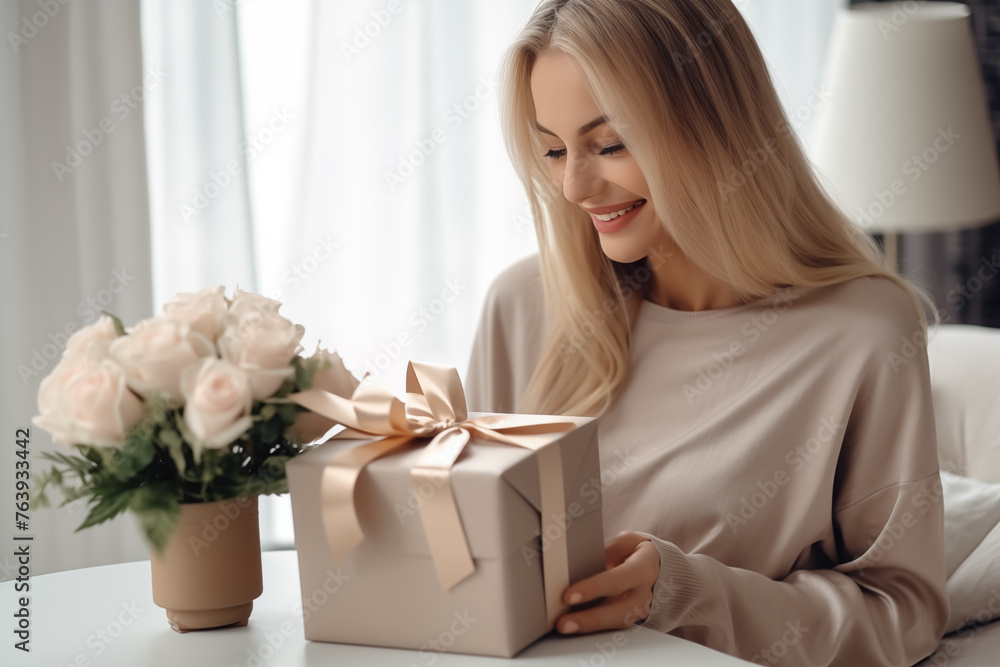 Gift of Happiness: Radiant Woman with Elegant Present Gift of Happiness: Radiant Woman with Elegant Present