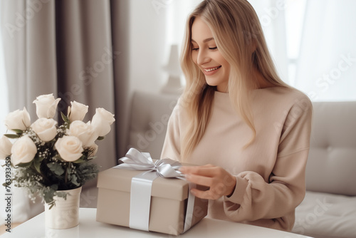 Gift of Happiness: Radiant Woman with Elegant Present