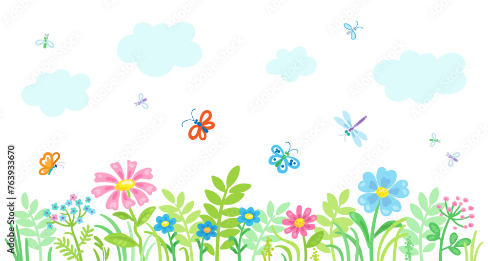 Summer blooming meadow with clouds and butterflies. Isolated on white background. Vector illustration