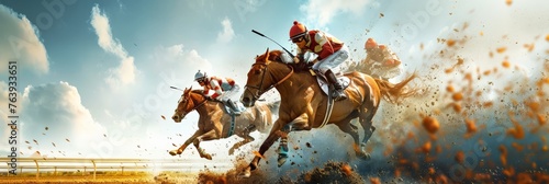 Energetic horse racing scene, jockeys riding fiercely with a dramatic cloud-filled sky as backdrop.