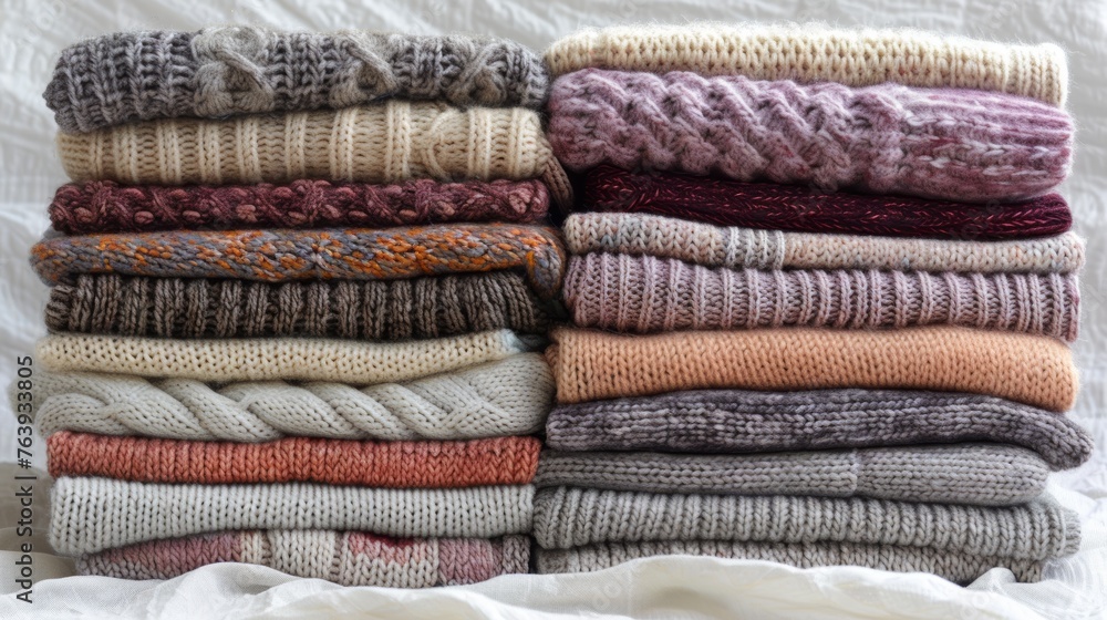 Cozy collection of stacked knitted sweaters in various patterns and autumn colors