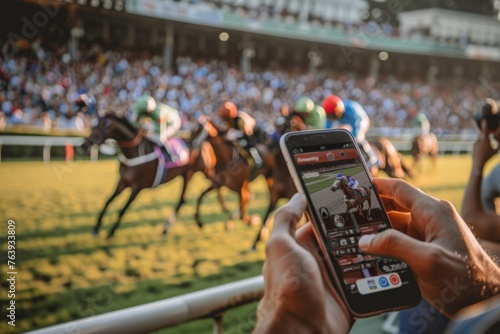 A spectator betting live horse racing on a smartphone, with the race in soft focus and the screen. © olga_demina