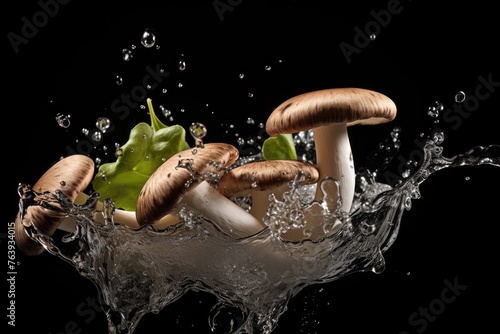 Portobello mushroom , Throw it into the water and spread it out , vegetable , black background.