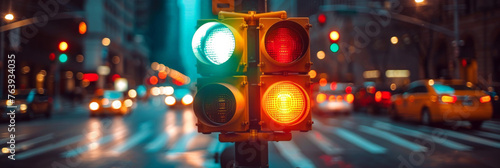 A traffic light with red, yellow and green lights in the city. Close-up of a traffic light on street.banner 