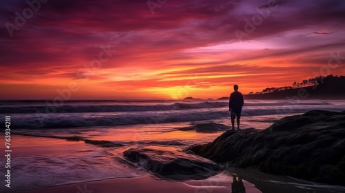 A solitary figure stands contemplatively on a rocky beach  silhouetted against a breathtaking sunset with vibrant red and purple hues.