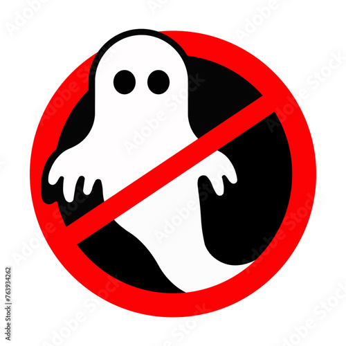 Ghost illustration with gate symbol. Minimalist contour ghost in black and white and red colors. Ghost hunting