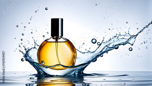 cosmetics perfume bottle on splashing water surface with circles on white background