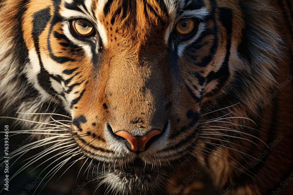 Obraz premium Hyper-real close-up of a tiger's face, refined with feathering brushstrokes for smooth transitions сreated with Generative Ai